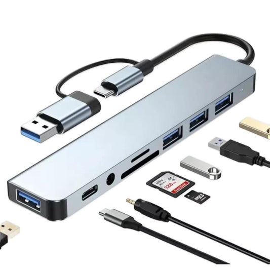 Portable 8-Port USB Hub – USB 3.0/2.0, Card Reader & Universal Adapter