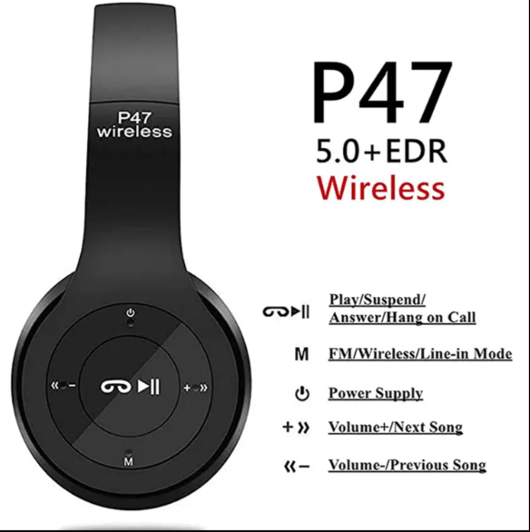 P47 Wireless Over-Ear Headphones – Stereo Sound & BT Gaming