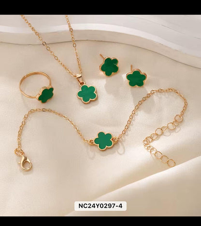 Stunning 4PCS Flower Jewelry Set | Ear Studs + Necklace + Bracelet + Adjustable Ring | Perfect for Any Occasion