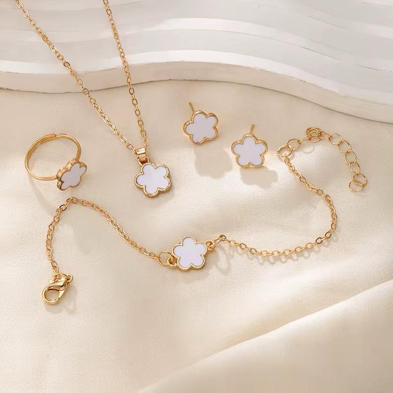 Stunning 4PCS Flower Jewelry Set | Ear Studs + Necklace + Bracelet + Adjustable Ring | Perfect for Any Occasion