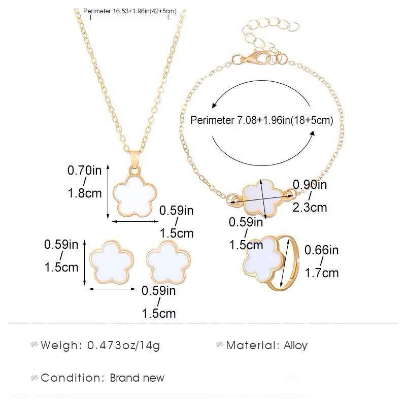 Stunning 4PCS Flower Jewelry Set | Ear Studs + Necklace + Bracelet + Adjustable Ring | Perfect for Any Occasion