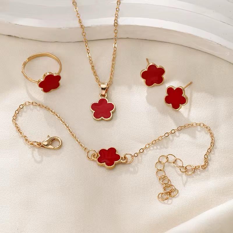 Stunning 4PCS Flower Jewelry Set | Ear Studs + Necklace + Bracelet + Adjustable Ring | Perfect for Any Occasion