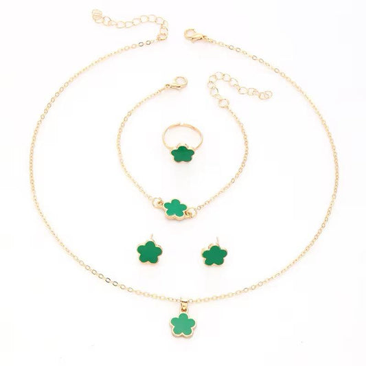 Stunning 4PCS Flower Jewelry Set | Ear Studs + Necklace + Bracelet + Adjustable Ring | Perfect for Any Occasion