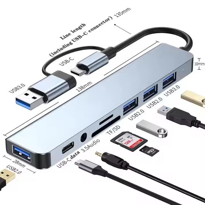 Portable 8-Port USB Hub – USB 3.0/2.0, Card Reader & Universal Adapter