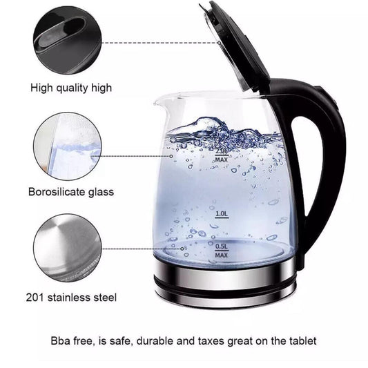 2.0L Electric Kettle Glass 360 Blue LED Illuminated Portable Jug 1800W